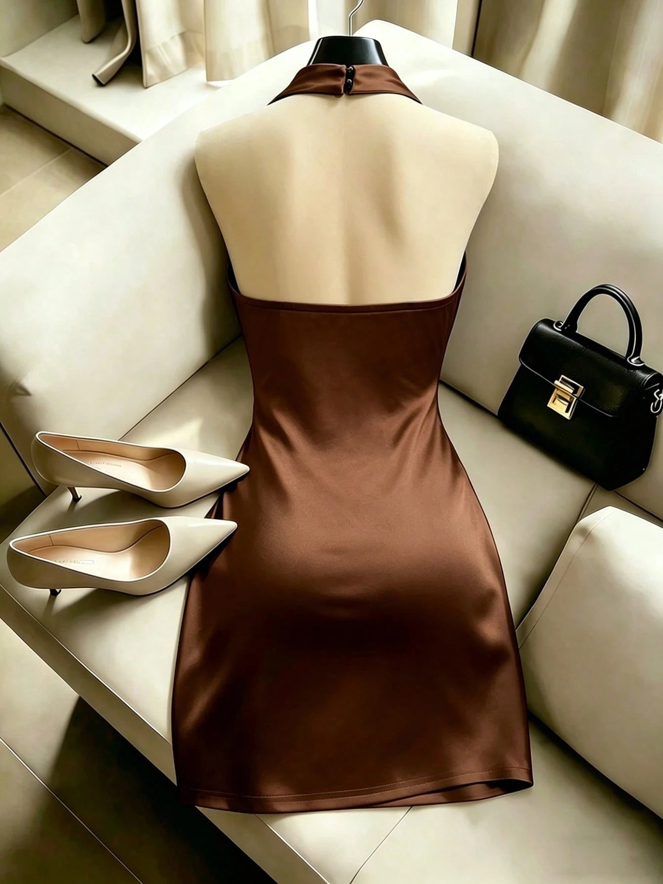 Franclia Elegant New Fashion Brown Draped Neck Dress, With Draped Neckline, Waist Pleats For Slim Fit, Sexy, Graceful, Stylish, Brown Bodycon Mini Dress