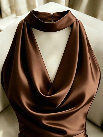 Franclia Elegant New Fashion Brown Draped Neck Dress, With Draped Neckline, Waist Pleats For Slim Fit, Sexy, Graceful, Stylish, Brown Bodycon Mini Dress