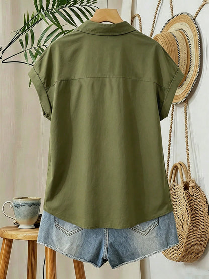 Franclia Solid Color Short Sleeve Pocket Casual Vacation Shirt