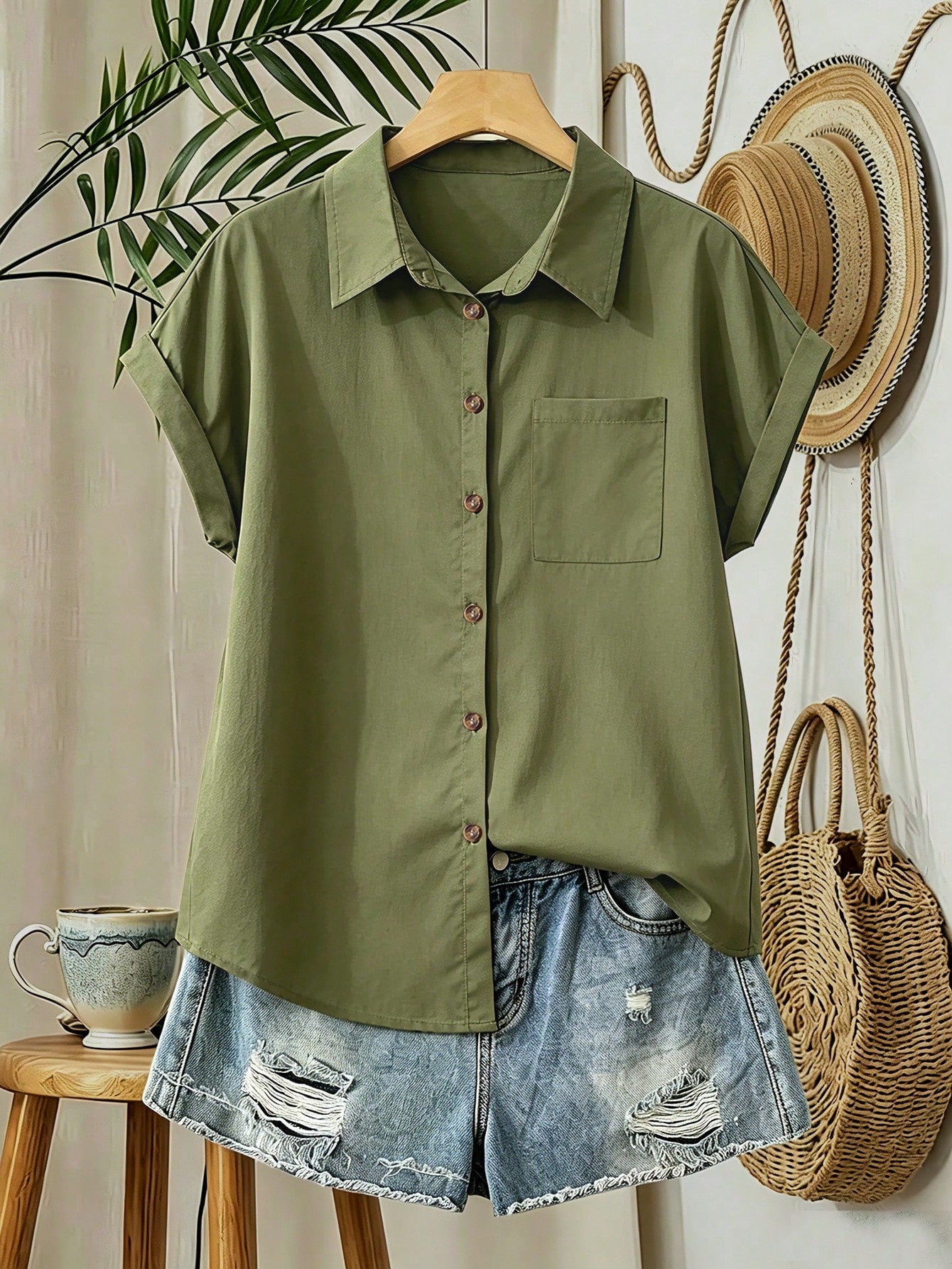 Franclia Solid Color Short Sleeve Pocket Casual Vacation Shirt