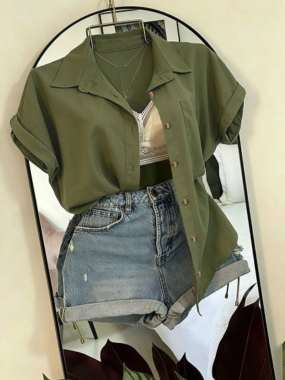 Franclia Solid Color Short Sleeve Pocket Casual Vacation Shirt