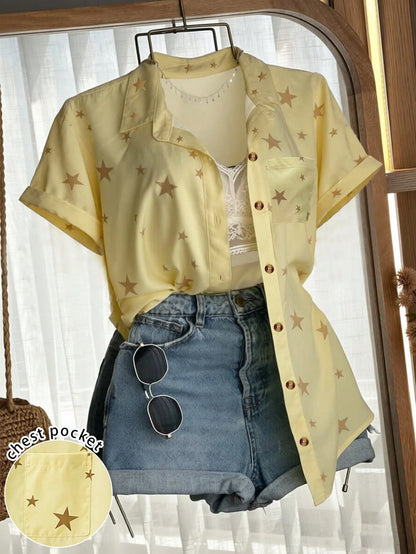 Franclia Solid Color Short Sleeve Pocket Casual Vacation Shirt
