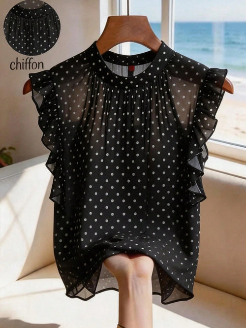 Franclia Women's New Black Base White Polka Dot Chiffon Sleeveless Top| French Retro Sweet Style, Lightweight Chiffon Fabric Suitable For Dates, Shopping/Afternoon Tea, Double-Layer Ruffle Slee