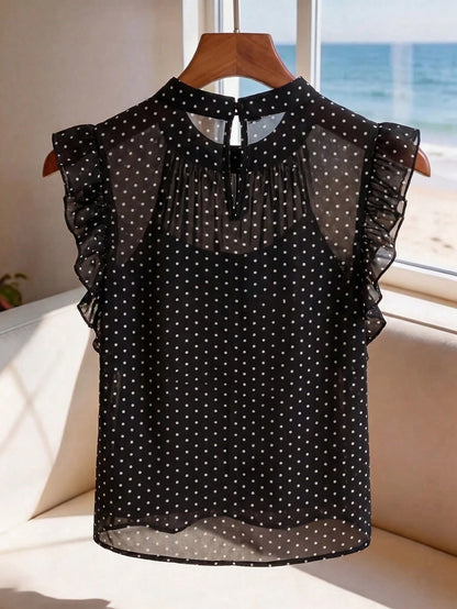Franclia Women's New Black Base White Polka Dot Chiffon Sleeveless Top| French Retro Sweet Style, Lightweight Chiffon Fabric Suitable For Dates, Shopping/Afternoon Tea, Double-Layer Ruffle Slee