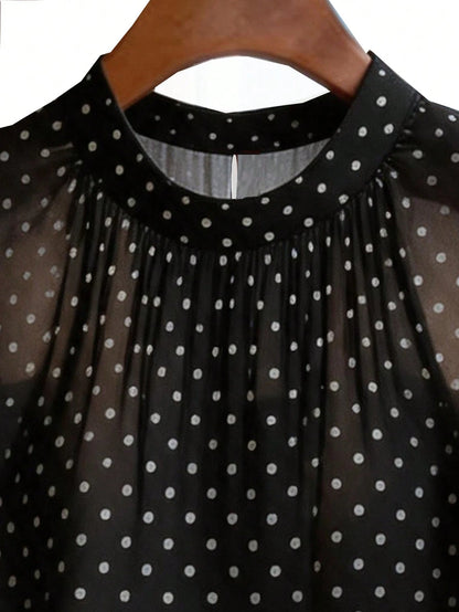 Franclia Women's New Black Base White Polka Dot Chiffon Sleeveless Top| French Retro Sweet Style, Lightweight Chiffon Fabric Suitable For Dates, Shopping/Afternoon Tea, Double-Layer Ruffle Slee