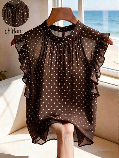 Franclia Women's New Black Base White Polka Dot Chiffon Sleeveless Top| French Retro Sweet Style, Lightweight Chiffon Fabric Suitable For Dates, Shopping/Afternoon Tea, Double-Layer Ruffle Slee
