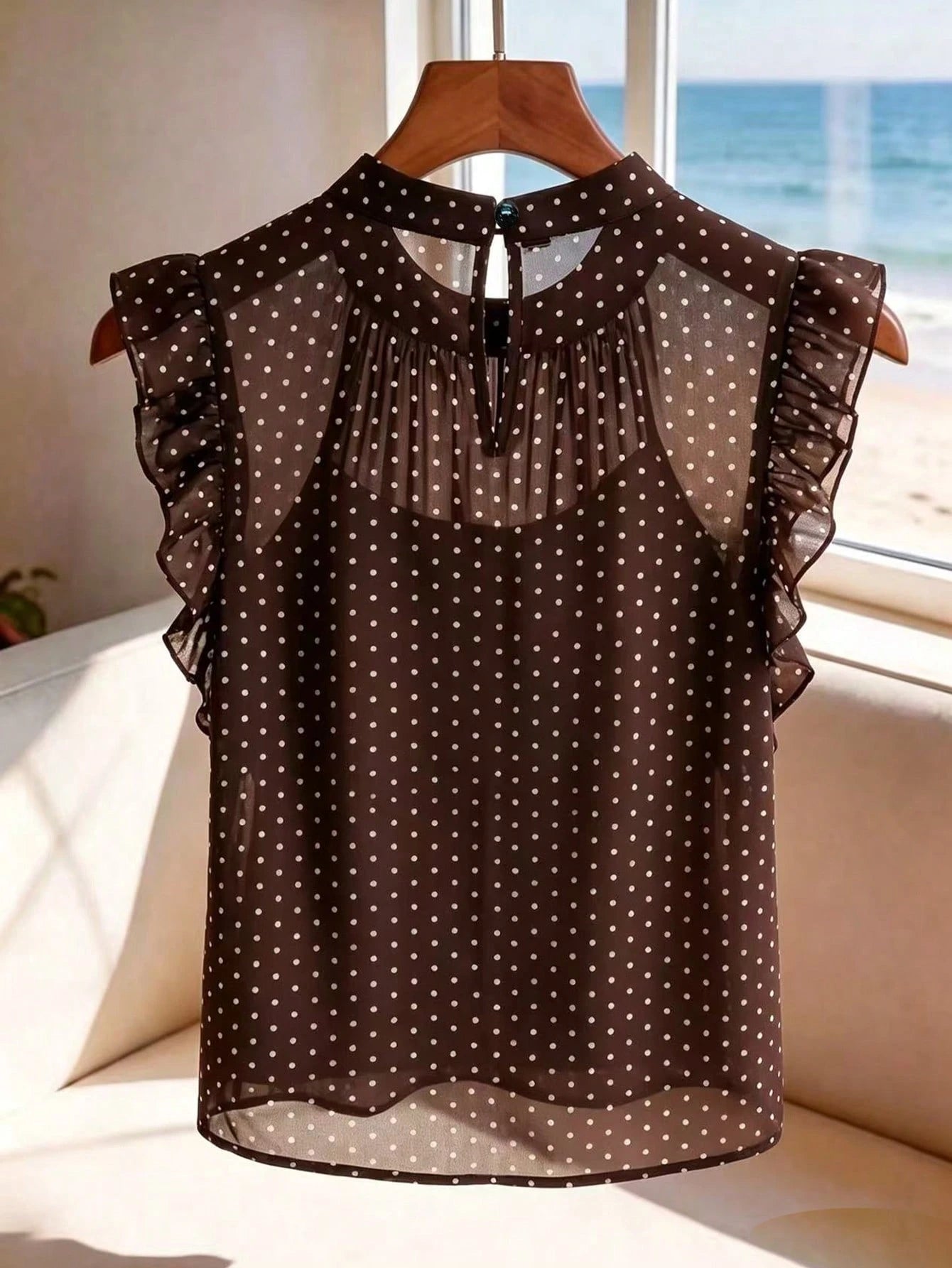 Franclia Women's New Black Base White Polka Dot Chiffon Sleeveless Top| French Retro Sweet Style, Lightweight Chiffon Fabric Suitable For Dates, Shopping/Afternoon Tea, Double-Layer Ruffle Slee