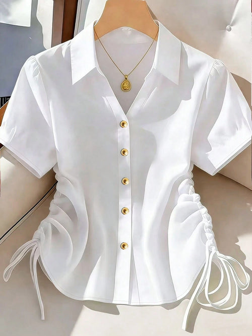 Franclia Women's Solid Color Short Sleeve Side Drawstring Casual Shirt