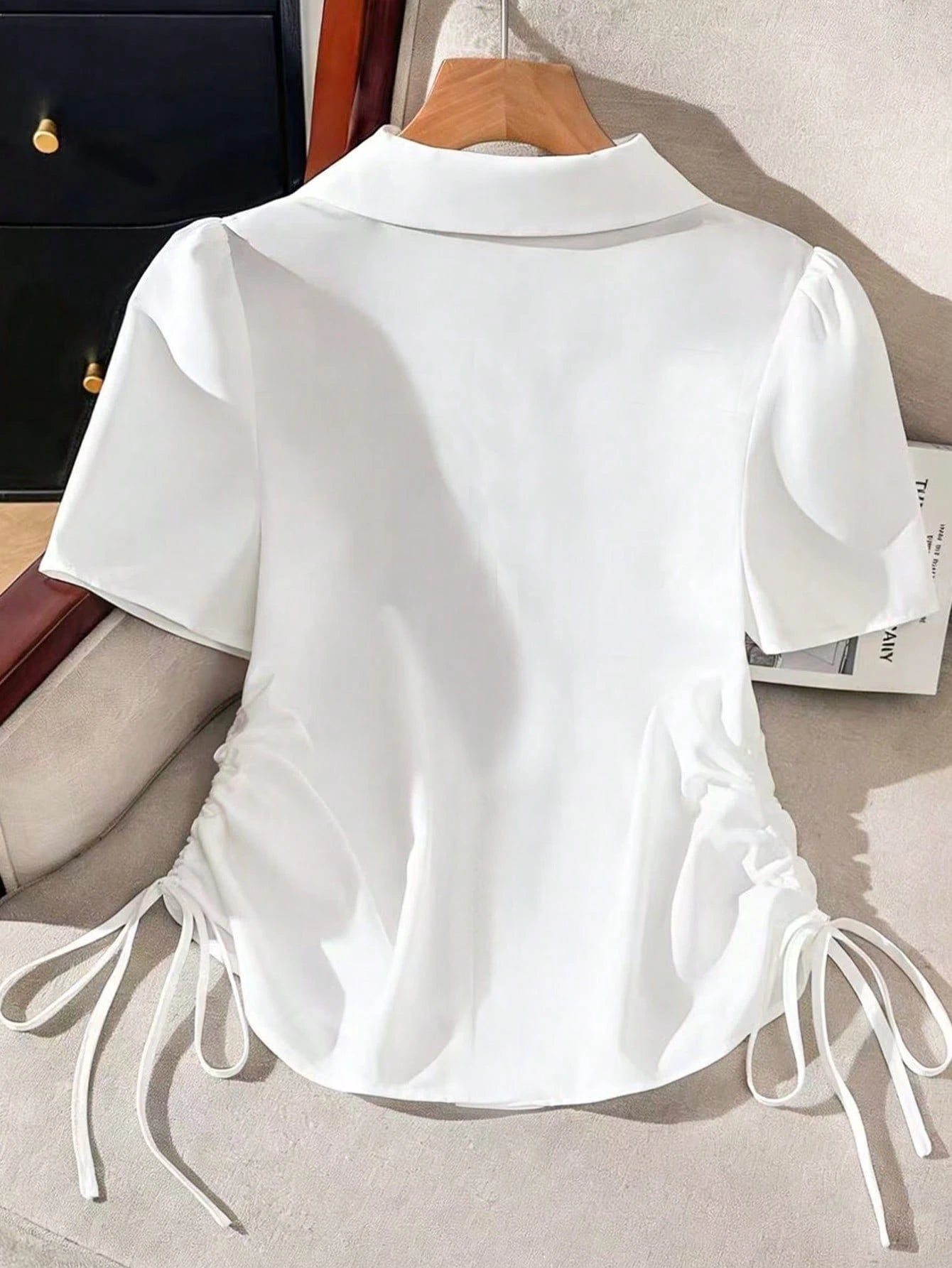 Franclia Women's Solid Color Short Sleeve Side Drawstring Casual Shirt