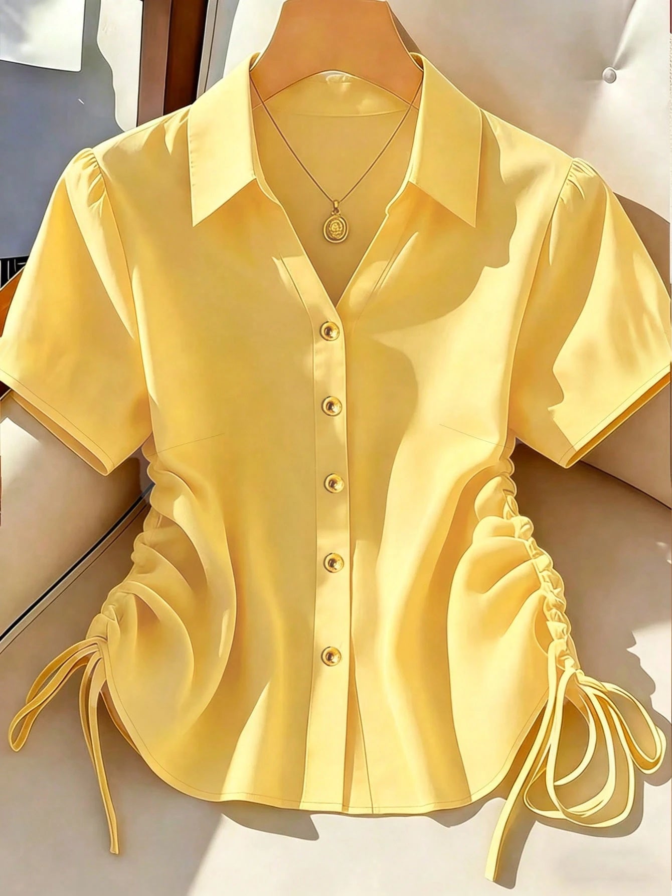 Franclia Women's Solid Color Short Sleeve Side Drawstring Casual Shirt