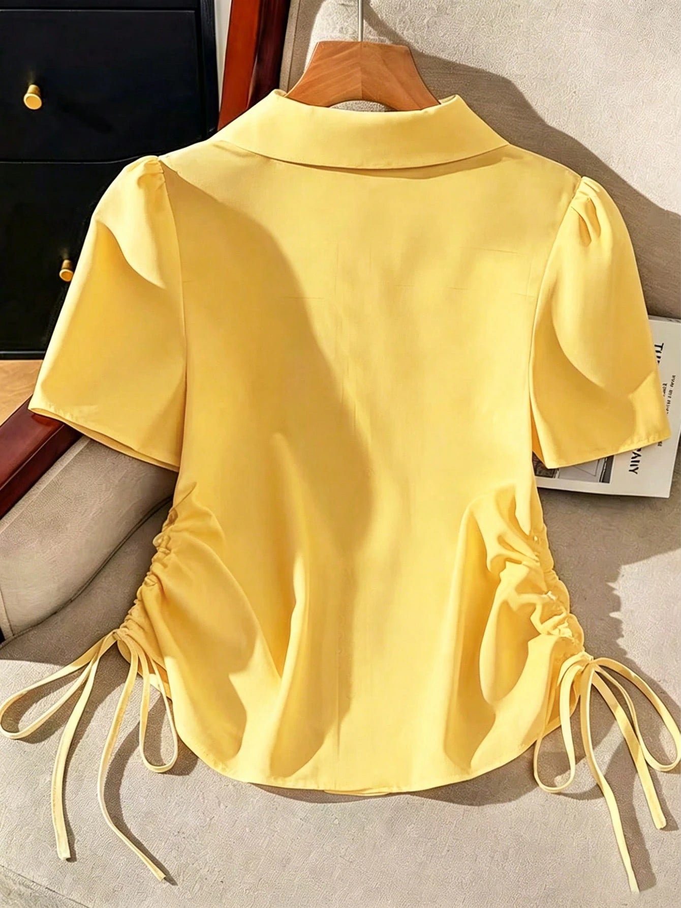 Franclia Women's Solid Color Short Sleeve Side Drawstring Casual Shirt