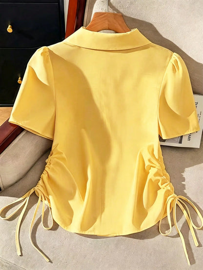 Franclia Women's Solid Color Short Sleeve Side Drawstring Casual Shirt