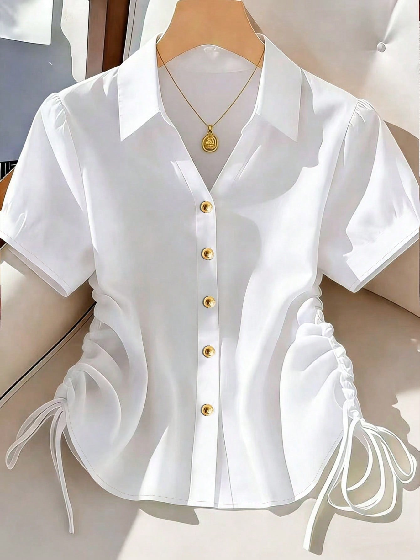 Franclia Women's Solid Color Short Sleeve Side Drawstring Casual Shirt