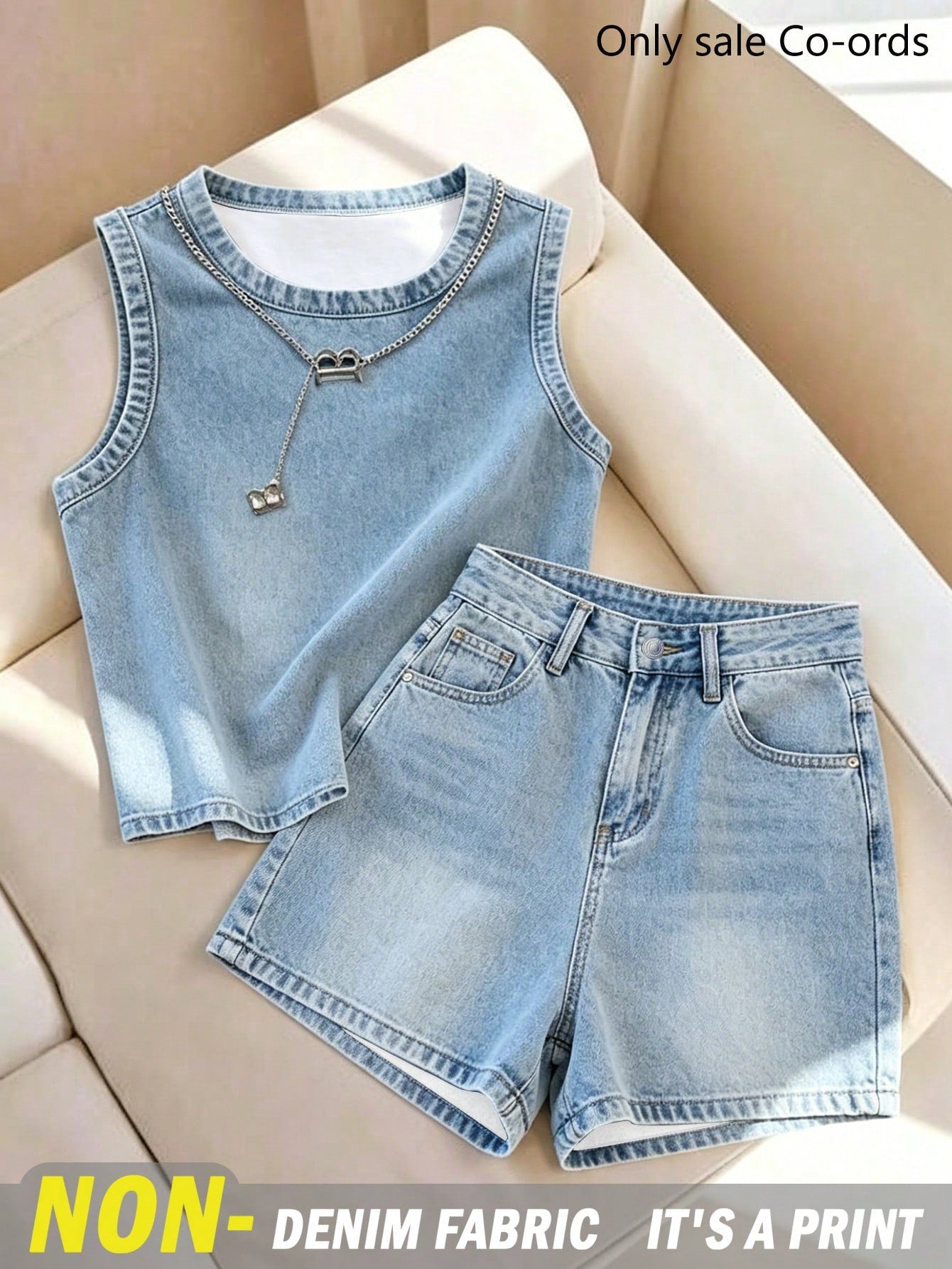 Franclia Women's Summer Casual Denim Effect Print Tank Top & Shorts Set