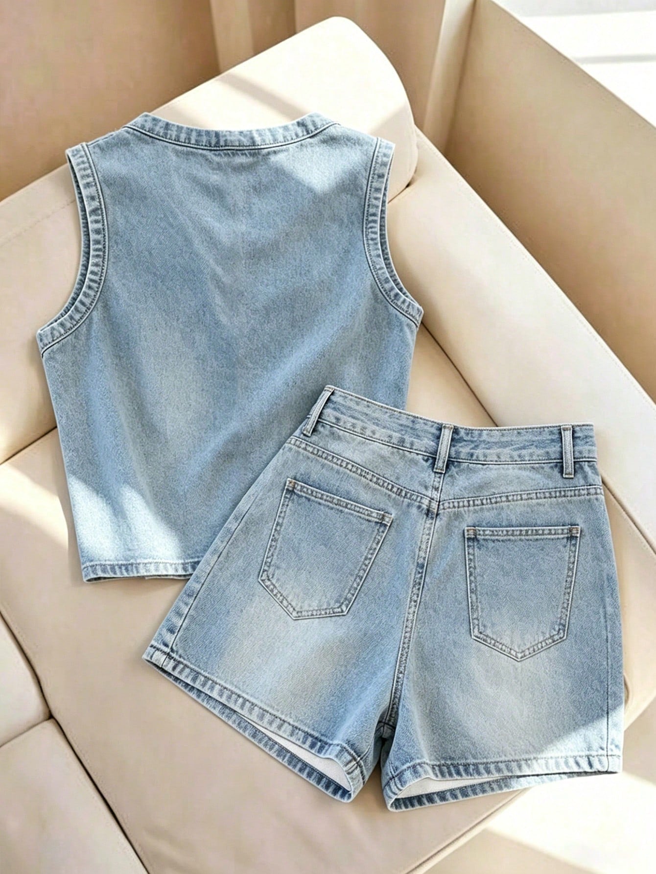Franclia Women's Summer Casual Denim Effect Print Tank Top & Shorts Set