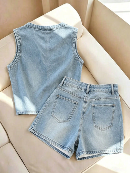 Franclia Women's Summer Casual Denim Effect Print Tank Top & Shorts Set