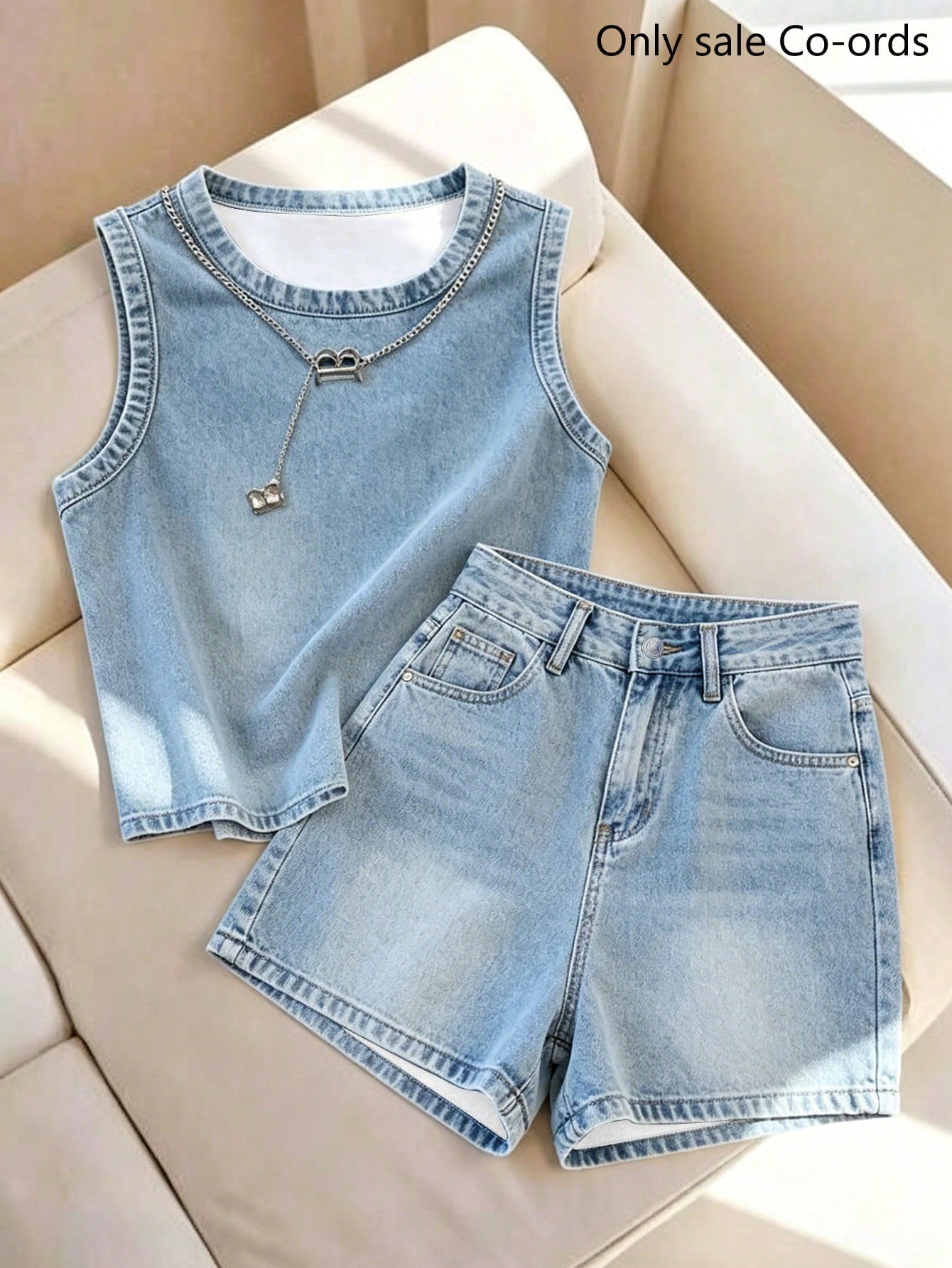 Franclia Women's Summer Casual Denim Effect Print Tank Top & Shorts Set
