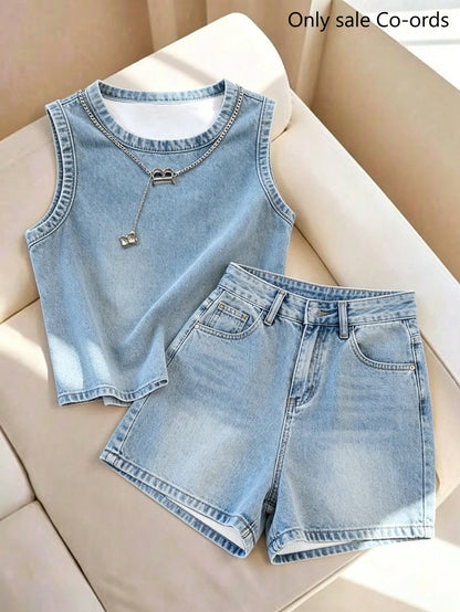 Franclia Women's Summer Casual Denim Effect Print Tank Top & Shorts Set