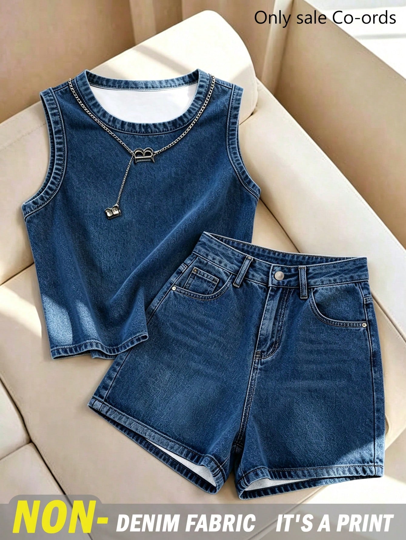 Franclia Women's Summer Casual Denim Effect Print Tank Top & Shorts Set