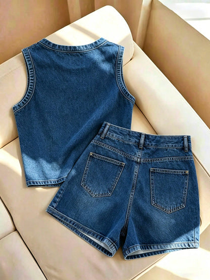 Franclia Women's Summer Casual Denim Effect Print Tank Top & Shorts Set