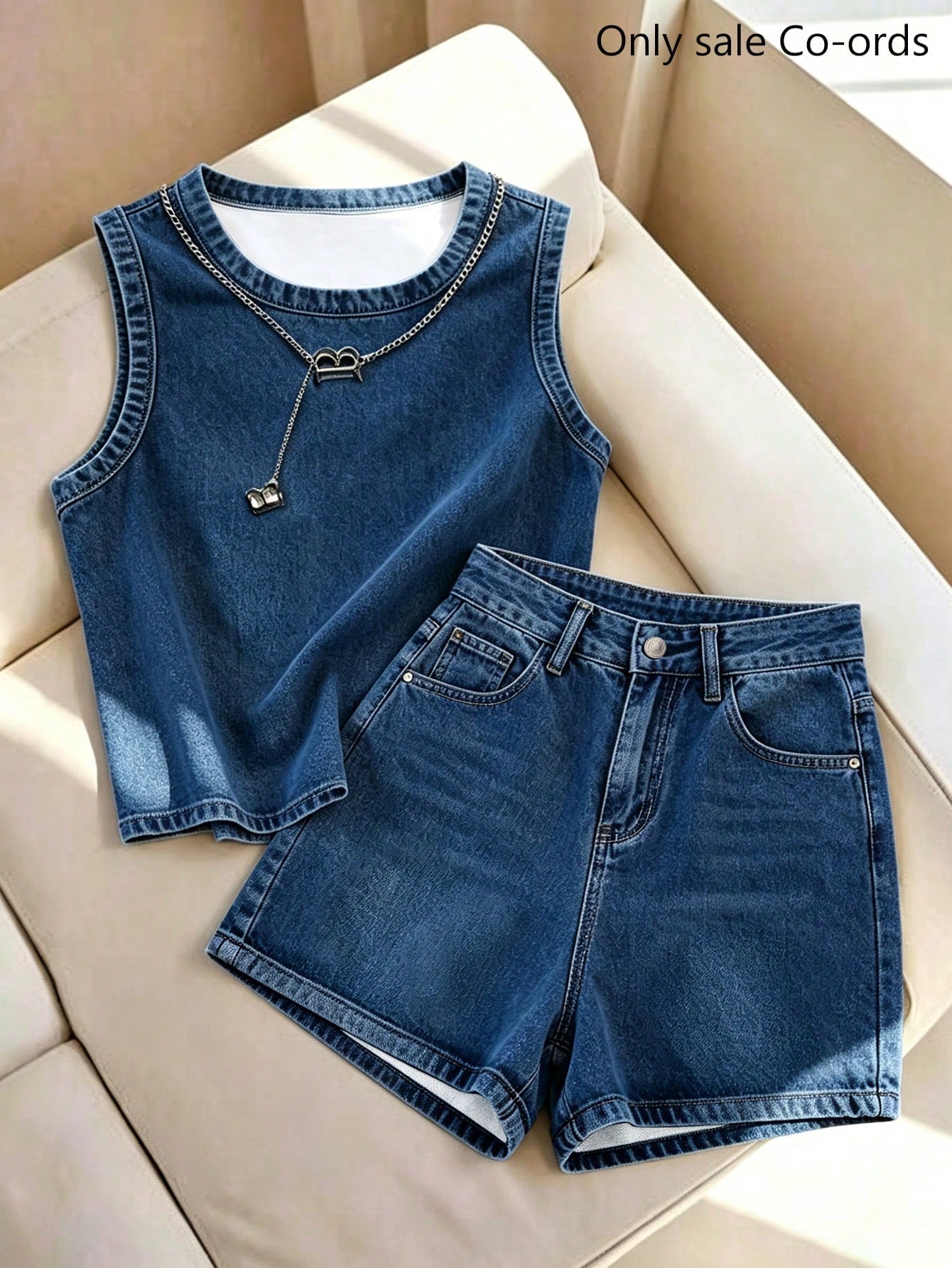 Franclia Women's Summer Casual Denim Effect Print Tank Top & Shorts Set