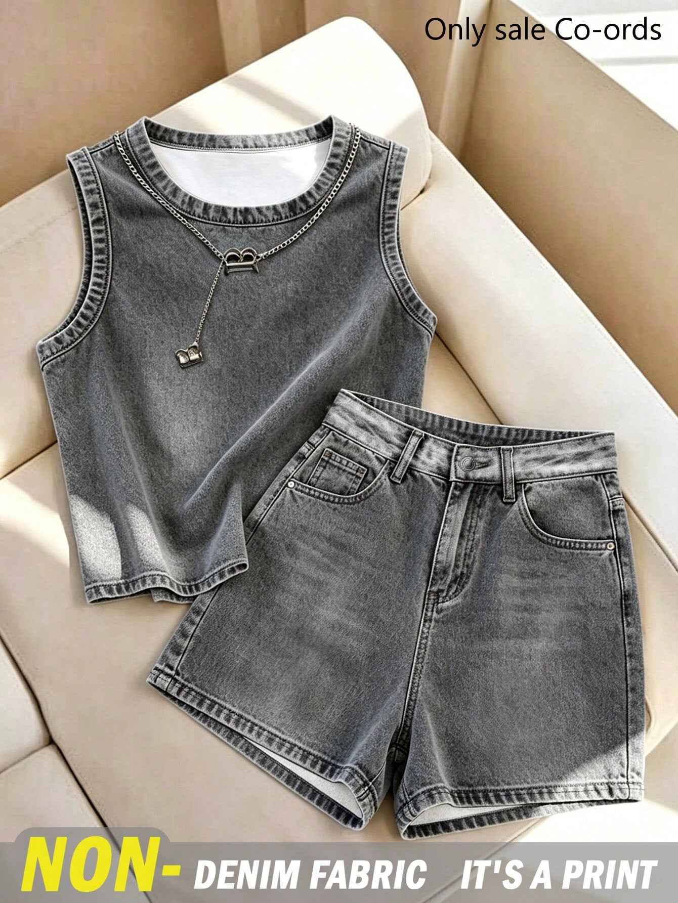 Franclia Women's Summer Casual Denim Effect Print Tank Top & Shorts Set