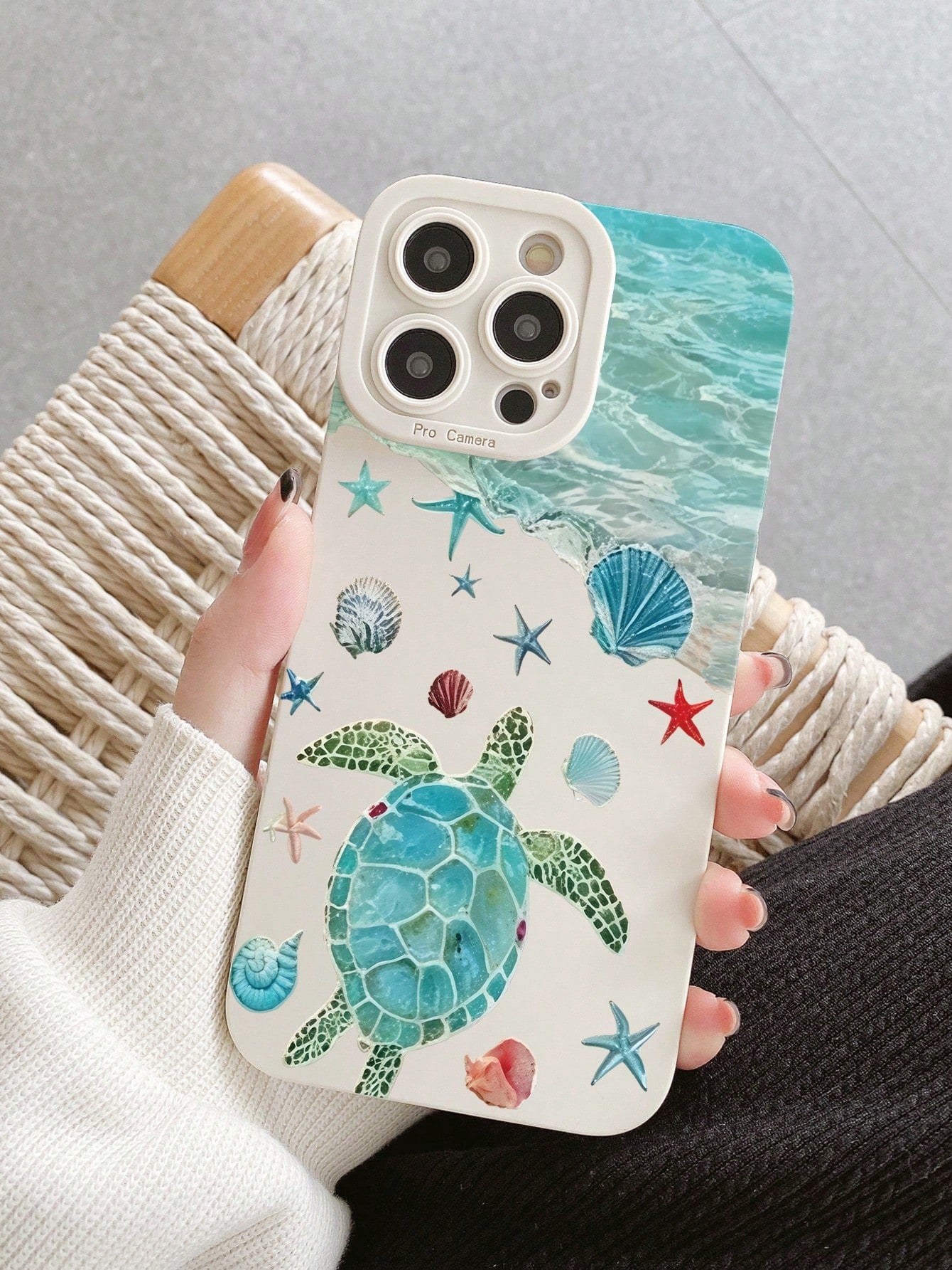 Fresh Ocean Turtle Shell Starfish Print White Border Full Coverage Anti-Drop TPU Soft Silicone Phone Case, Compatible With Apple 11/12pro/13pro/14pro/12promax/13promax/14promax/14plus/17pro Max/13/17