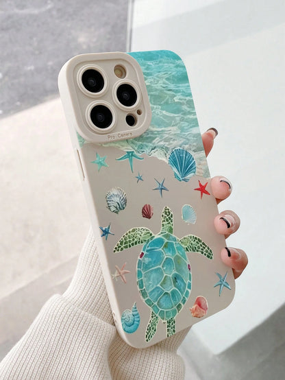 Fresh Ocean Turtle Shell Starfish Print White Border Full Coverage Anti-Drop TPU Soft Silicone Phone Case, Compatible With Apple 11/12pro/13pro/14pro/12promax/13promax/14promax/14plus/17pro Max/13/17