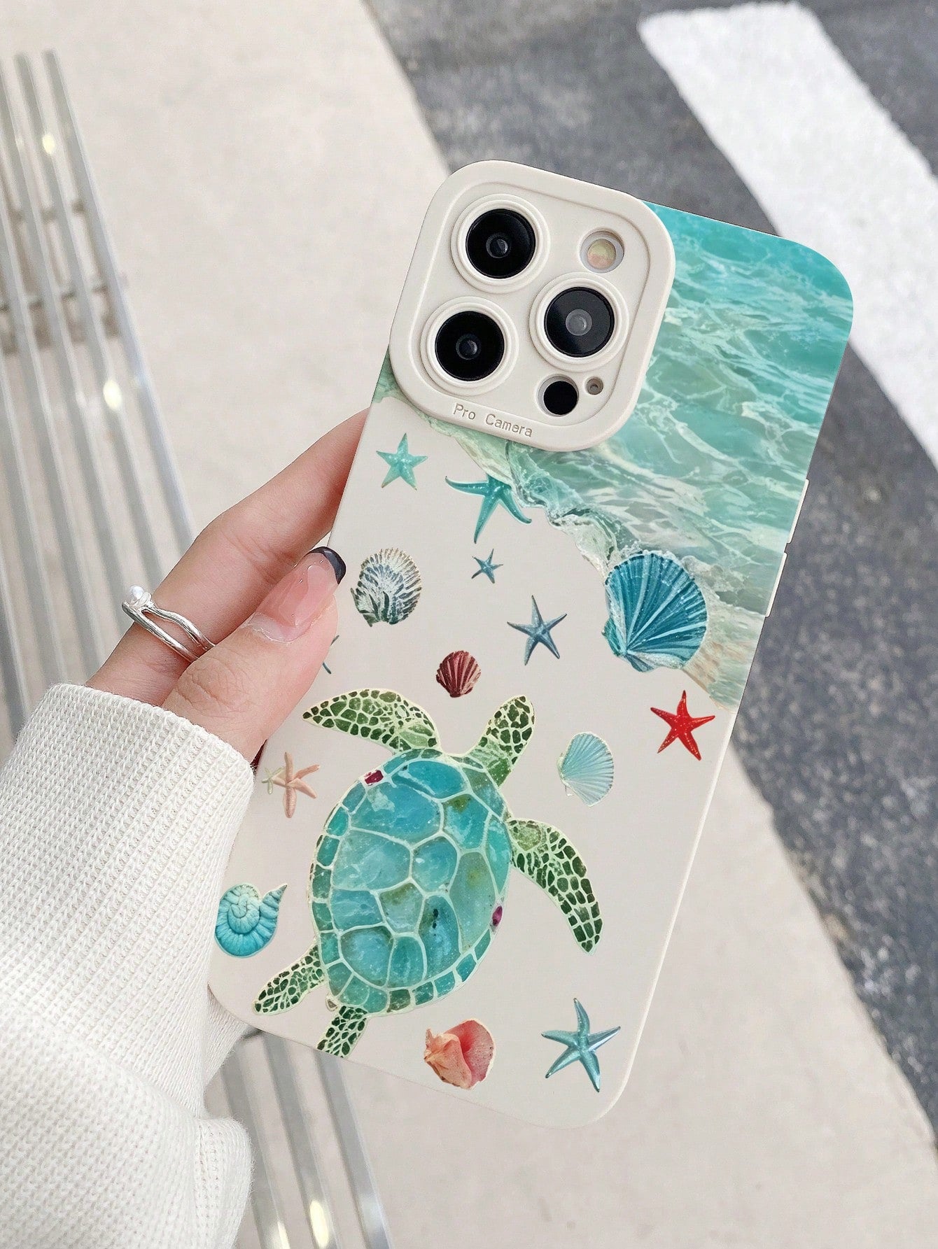 Fresh Ocean Turtle Shell Starfish Print White Border Full Coverage Anti-Drop TPU Soft Silicone Phone Case, Compatible With Apple 11/12pro/13pro/14pro/12promax/13promax/14promax/14plus/17pro Max/13/17