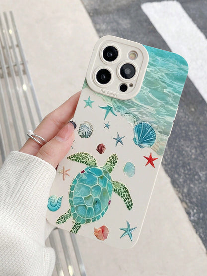 Fresh Ocean Turtle Shell Starfish Print White Border Full Coverage Anti-Drop TPU Soft Silicone Phone Case, Compatible With Apple 11/12pro/13pro/14pro/12promax/13promax/14promax/14plus/17pro Max/13/17