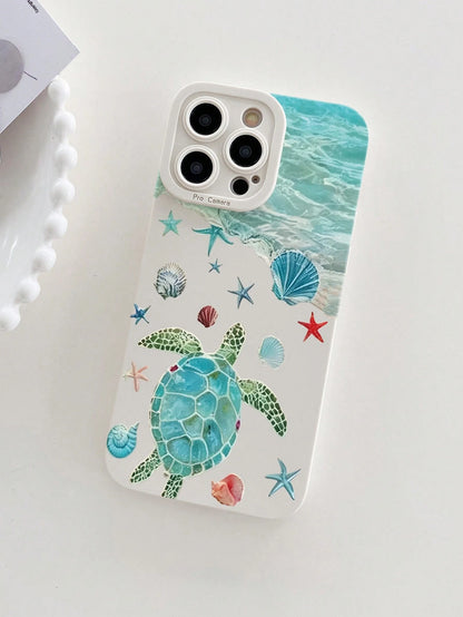 Fresh Ocean Turtle Shell Starfish Print White Border Full Coverage Anti-Drop TPU Soft Silicone Phone Case, Compatible With Apple 11/12pro/13pro/14pro/12promax/13promax/14promax/14plus/17pro Max/13/17