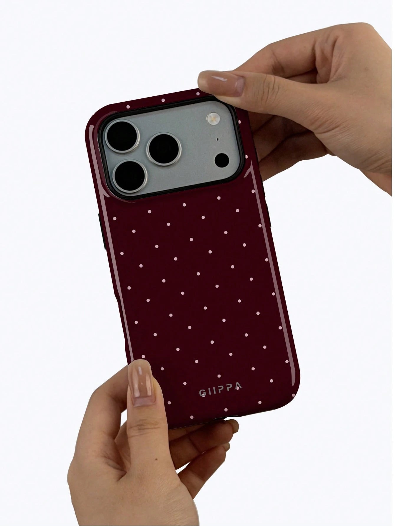 GIIPPA 1pc Burgundy Background With Pink Polka Dot Pattern Design, Phone 17 Pro Max Phone Case, Compatible With Phone 16 Pro Max, 15 Pro Max, 14 Pro Max, Korean-Style High-End Fashion Fun Phone Case