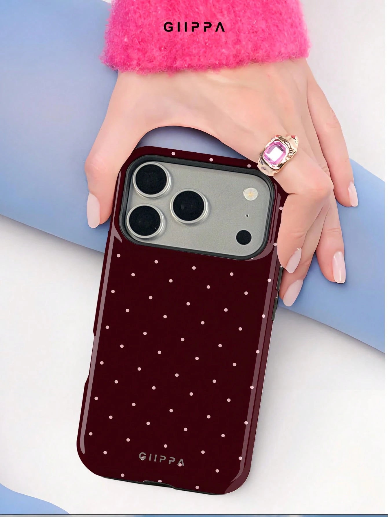 GIIPPA 1pc Burgundy Background With Pink Polka Dot Pattern Design, Phone 17 Pro Max Phone Case, Compatible With Phone 16 Pro Max, 15 Pro Max, 14 Pro Max, Korean-Style High-End Fashion Fun Phone Case