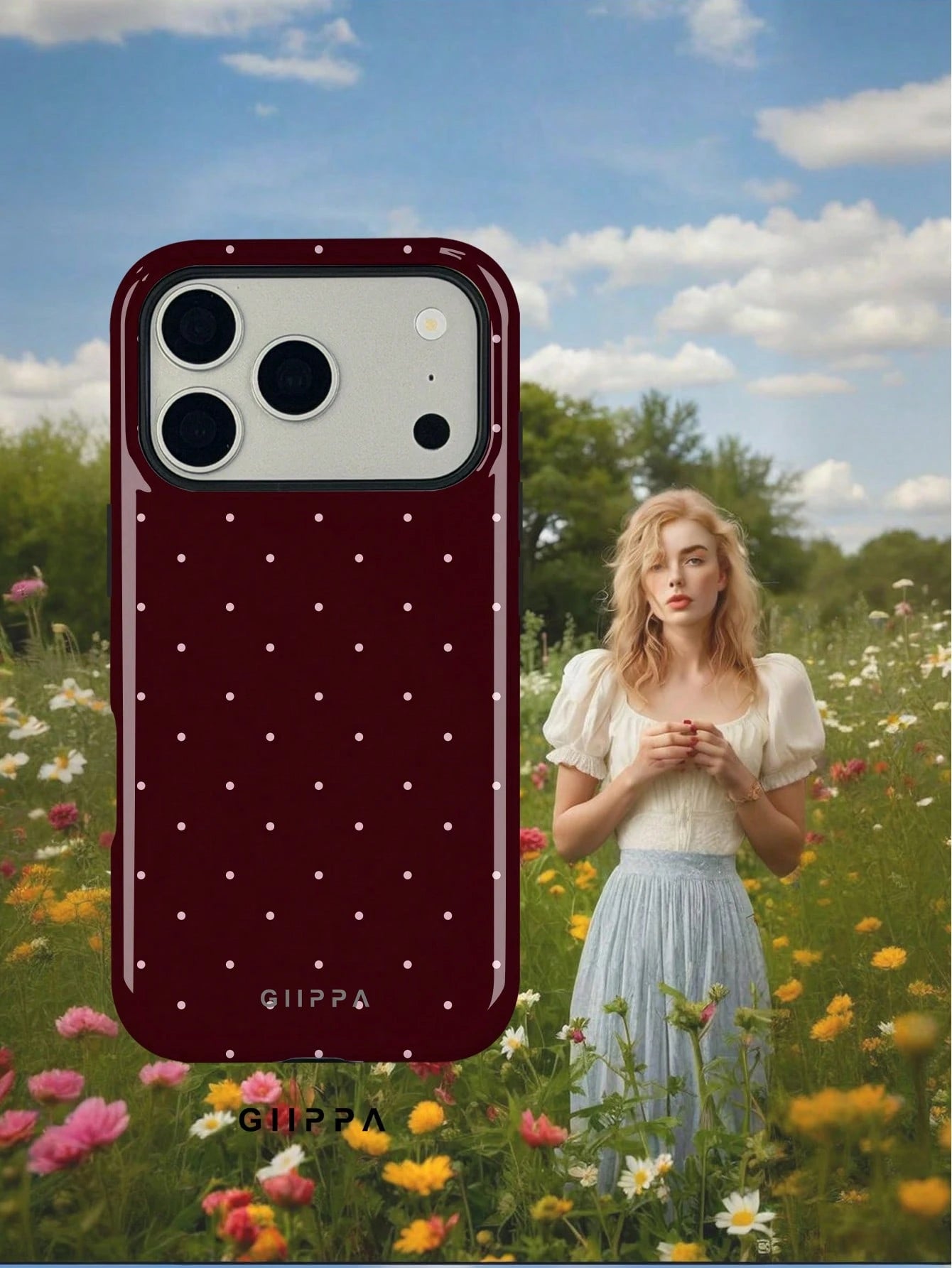 GIIPPA 1pc Burgundy Background With Pink Polka Dot Pattern Design, Phone 17 Pro Max Phone Case, Compatible With Phone 16 Pro Max, 15 Pro Max, 14 Pro Max, Korean-Style High-End Fashion Fun Phone Case