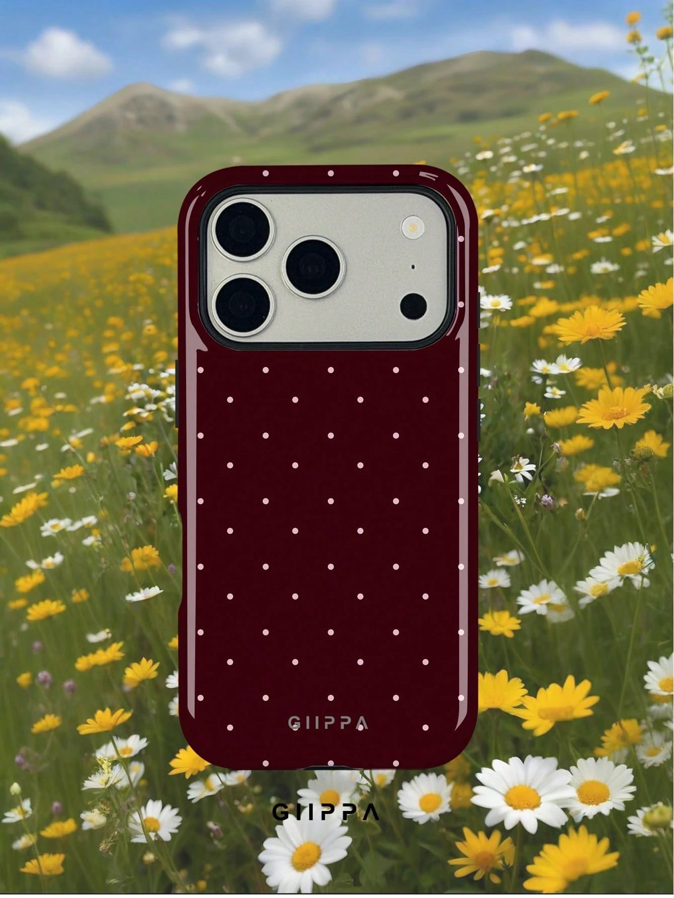 GIIPPA 1pc Burgundy Background With Pink Polka Dot Pattern Design, Phone 17 Pro Max Phone Case, Compatible With Phone 16 Pro Max, 15 Pro Max, 14 Pro Max, Korean-Style High-End Fashion Fun Phone Case
