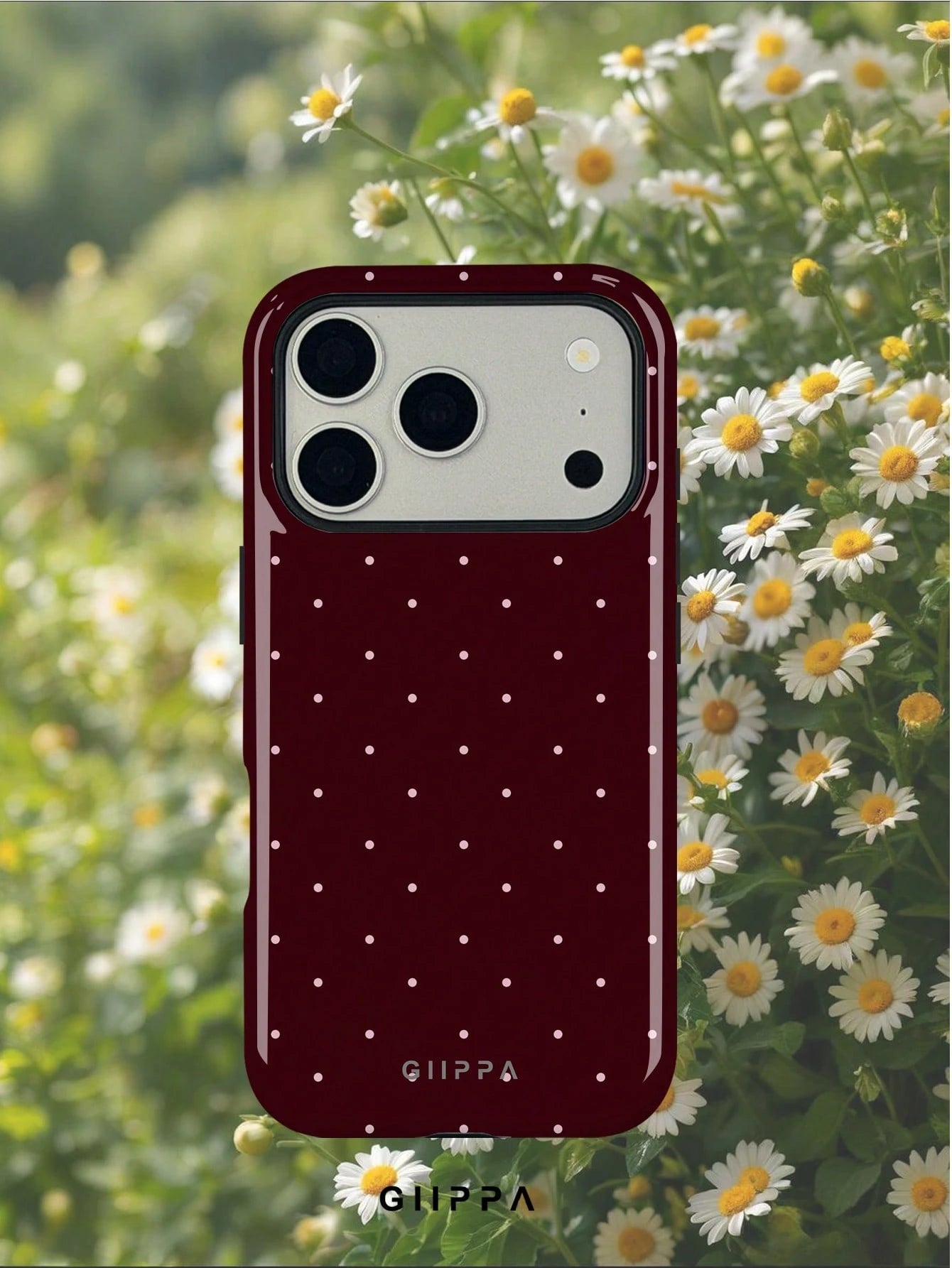 GIIPPA 1pc Burgundy Background With Pink Polka Dot Pattern Design, Phone 17 Pro Max Phone Case, Compatible With Phone 16 Pro Max, 15 Pro Max, 14 Pro Max, Korean-Style High-End Fashion Fun Phone Case
