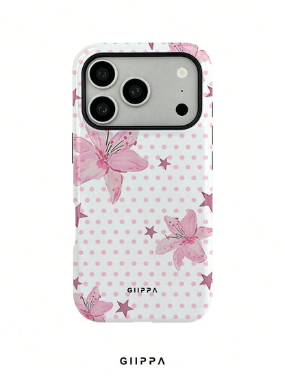GIIPPA 1pc Pink Polka Dot Background With Pink Hibiscus And Pink Star Pattern Design, Phone 17 Pro Max Phone Case, Compatible With Phone 16 Pro Max, 15 Pro Max, 14 Pro Max, Korean Style High-End Fashi