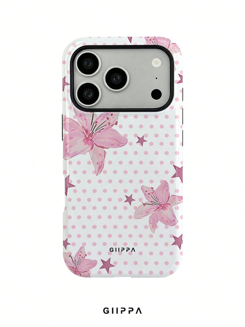 GIIPPA 1pc Pink Polka Dot Background With Pink Hibiscus And Pink Star Pattern Design, Phone 17 Pro Max Phone Case, Compatible With Phone 16 Pro Max, 15 Pro Max, 14 Pro Max, Korean Style High-End Fashi