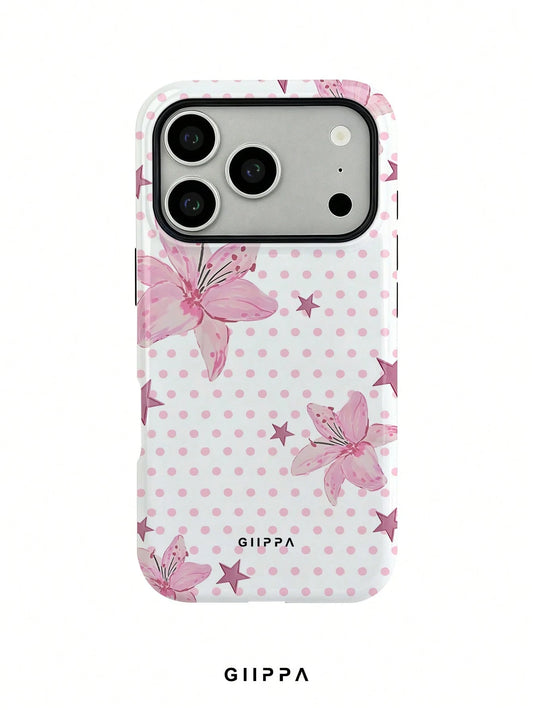 GIIPPA 1pc Pink Polka Dot Background With Pink Hibiscus And Pink Star Pattern Design, Phone 17 Pro Max Phone Case, Compatible With Phone 16 Pro Max, 15 Pro Max, 14 Pro Max, Korean Style High-End Fashi