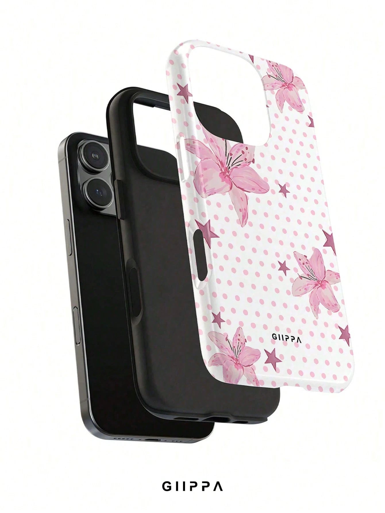 GIIPPA 1pc Pink Polka Dot Background With Pink Hibiscus And Pink Star Pattern Design, Phone 17 Pro Max Phone Case, Compatible With Phone 16 Pro Max, 15 Pro Max, 14 Pro Max, Korean Style High-End Fashi