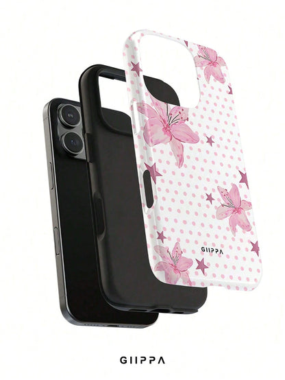 GIIPPA 1pc Pink Polka Dot Background With Pink Hibiscus And Pink Star Pattern Design, Phone 17 Pro Max Phone Case, Compatible With Phone 16 Pro Max, 15 Pro Max, 14 Pro Max, Korean Style High-End Fashi