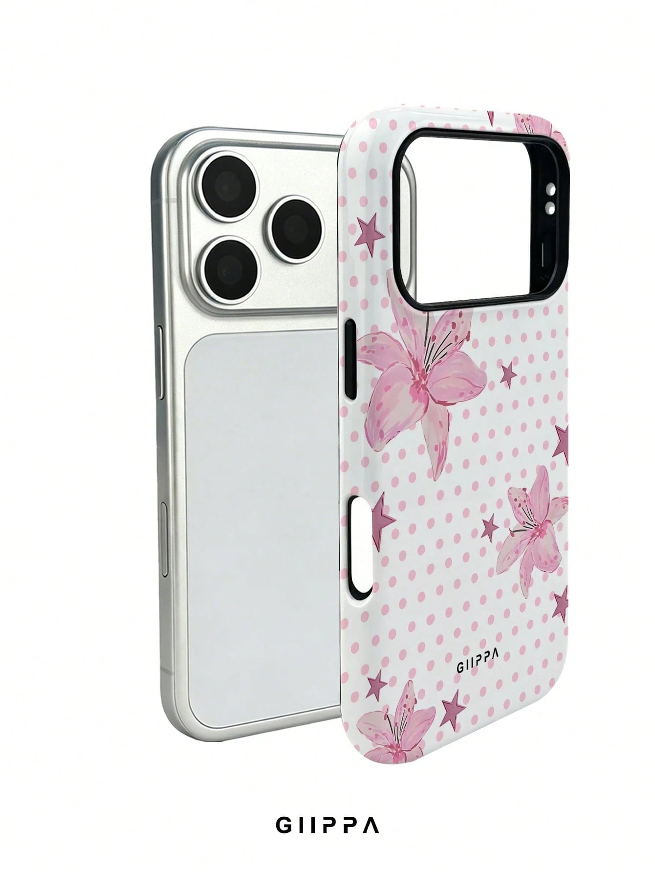 GIIPPA 1pc Pink Polka Dot Background With Pink Hibiscus And Pink Star Pattern Design, Phone 17 Pro Max Phone Case, Compatible With Phone 16 Pro Max, 15 Pro Max, 14 Pro Max, Korean Style High-End Fashi