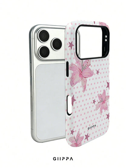 GIIPPA 1pc Pink Polka Dot Background With Pink Hibiscus And Pink Star Pattern Design, Phone 17 Pro Max Phone Case, Compatible With Phone 16 Pro Max, 15 Pro Max, 14 Pro Max, Korean Style High-End Fashi