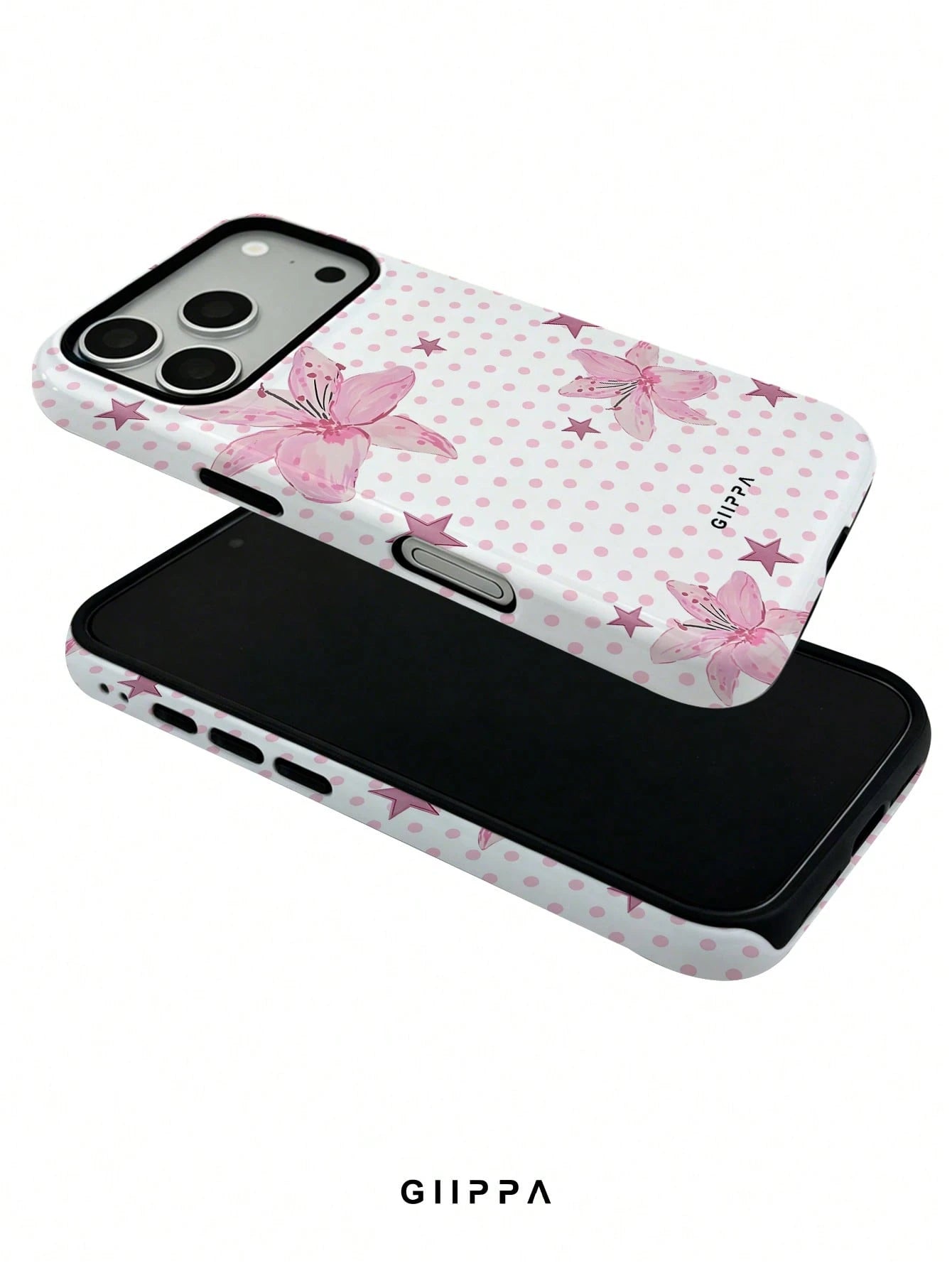 GIIPPA 1pc Pink Polka Dot Background With Pink Hibiscus And Pink Star Pattern Design, Phone 17 Pro Max Phone Case, Compatible With Phone 16 Pro Max, 15 Pro Max, 14 Pro Max, Korean Style High-End Fashi