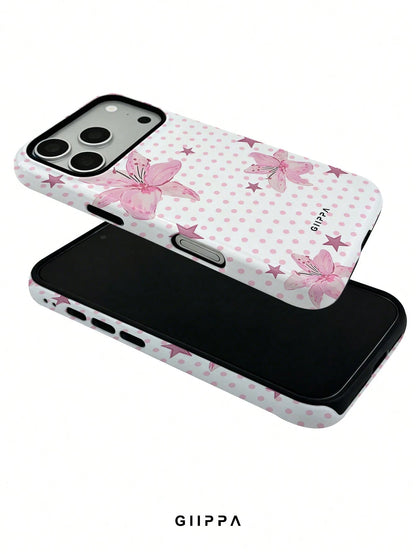 GIIPPA 1pc Pink Polka Dot Background With Pink Hibiscus And Pink Star Pattern Design, Phone 17 Pro Max Phone Case, Compatible With Phone 16 Pro Max, 15 Pro Max, 14 Pro Max, Korean Style High-End Fashi
