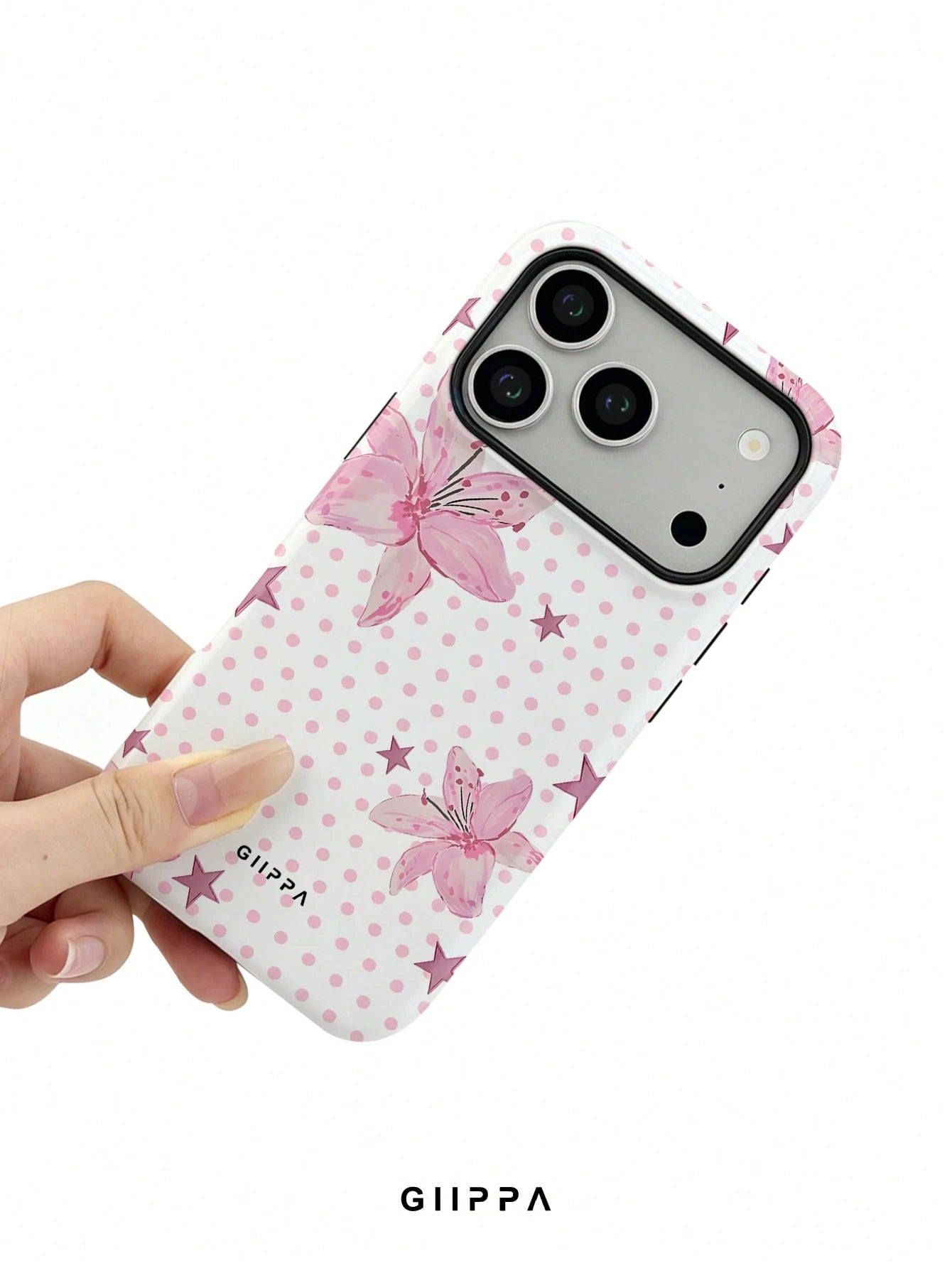 GIIPPA 1pc Pink Polka Dot Background With Pink Hibiscus And Pink Star Pattern Design, Phone 17 Pro Max Phone Case, Compatible With Phone 16 Pro Max, 15 Pro Max, 14 Pro Max, Korean Style High-End Fashi