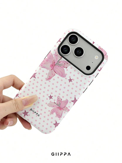 GIIPPA 1pc Pink Polka Dot Background With Pink Hibiscus And Pink Star Pattern Design, Phone 17 Pro Max Phone Case, Compatible With Phone 16 Pro Max, 15 Pro Max, 14 Pro Max, Korean Style High-End Fashi