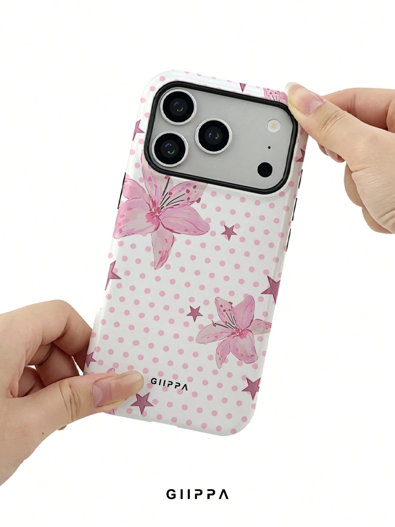 GIIPPA 1pc Pink Polka Dot Background With Pink Hibiscus And Pink Star Pattern Design, Phone 17 Pro Max Phone Case, Compatible With Phone 16 Pro Max, 15 Pro Max, 14 Pro Max, Korean Style High-End Fashi