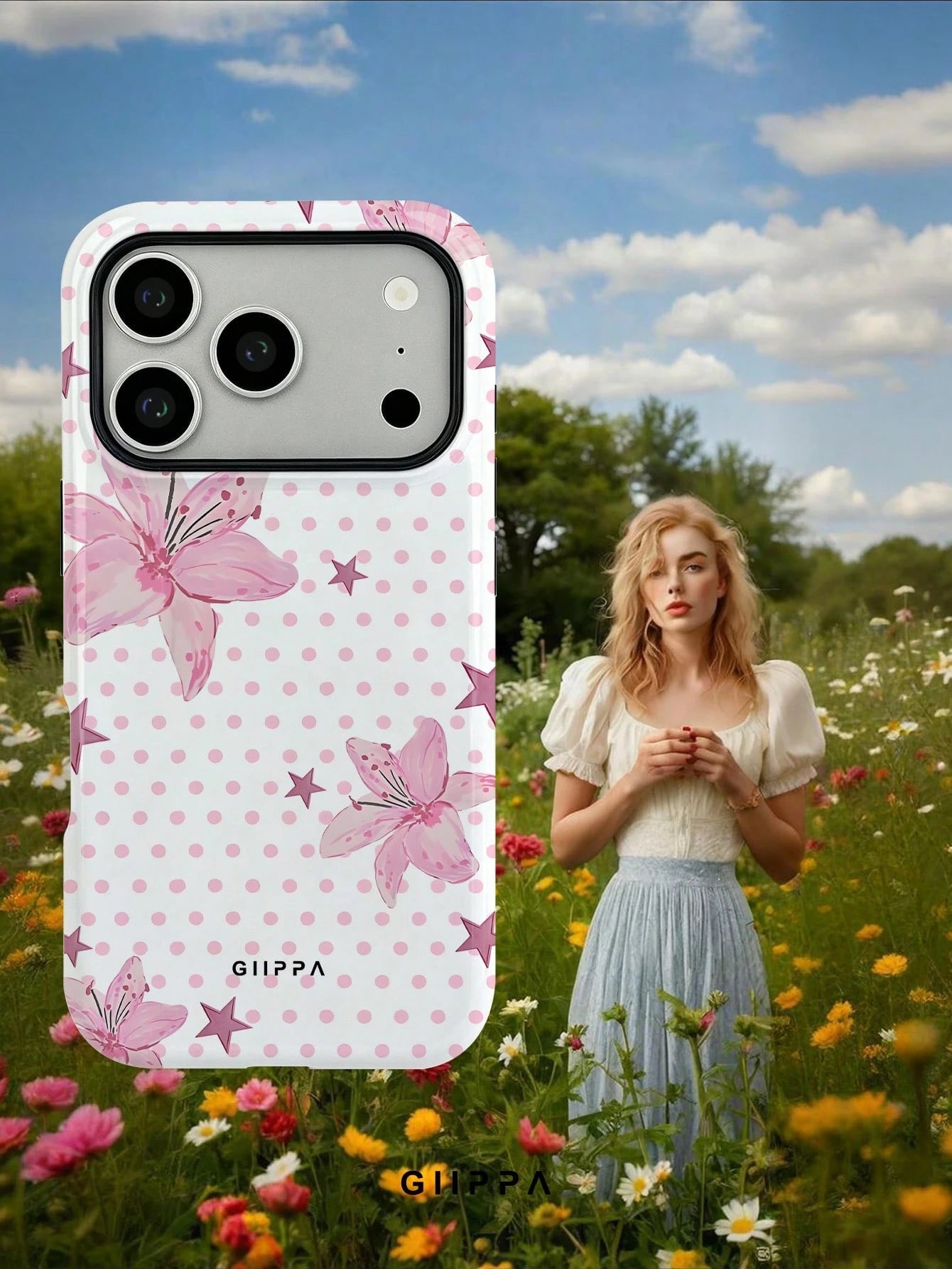GIIPPA 1pc Pink Polka Dot Background With Pink Hibiscus And Pink Star Pattern Design, Phone 17 Pro Max Phone Case, Compatible With Phone 16 Pro Max, 15 Pro Max, 14 Pro Max, Korean Style High-End Fashi