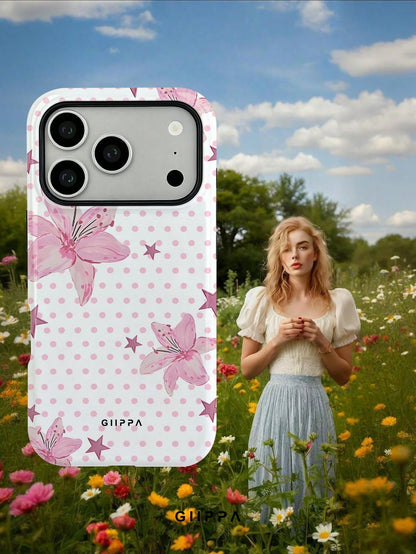 GIIPPA 1pc Pink Polka Dot Background With Pink Hibiscus And Pink Star Pattern Design, Phone 17 Pro Max Phone Case, Compatible With Phone 16 Pro Max, 15 Pro Max, 14 Pro Max, Korean Style High-End Fashi